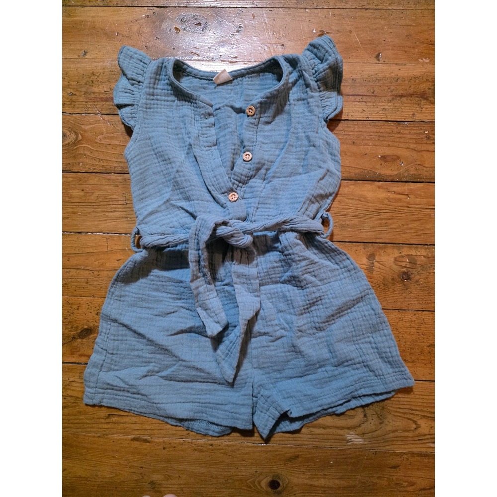 Toddler Girls Blue Cotton Muslin Romper Flutter Sleeve Tie Waist Shortall 2T
